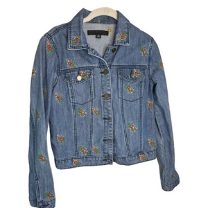 Tinsel Floral Embroidered Denim Jean Jacket Size Small